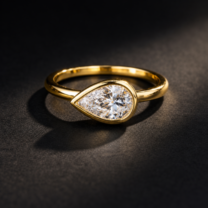 1.00 CTW Bezel Set Pear Shape Lab Grown Diamond 14K Solid Gold, East West Lab Diamond Pear Solitaire, #8874