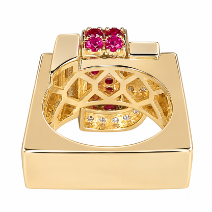 Moissanite and ruby chunky dome ring 14k solid gold art deco geometric ring unique ruby/moissanite statement ring, Unisex ruby rings #7759