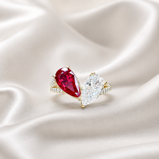 Toi Et Moi Ring Pear Ruby and Moissanite Pear Shape Ring Yellow Gold Engagement Ring Unique Two Stone Vintage Promise Anniversary Ring #7483