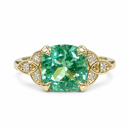 Green Paraiba Engagement Ring 14K White Gold Green Cushion Cut Celtic Engagement Ring Moissanite Celtic Gold Wedding Promise Ring #7301