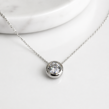 Moissanite Bezel Set Necklace, Moissanite Ladies Necklace,  Round Moissanite Pendant,  Round Bezel Pendant, 14K White Gold #6747 #6748