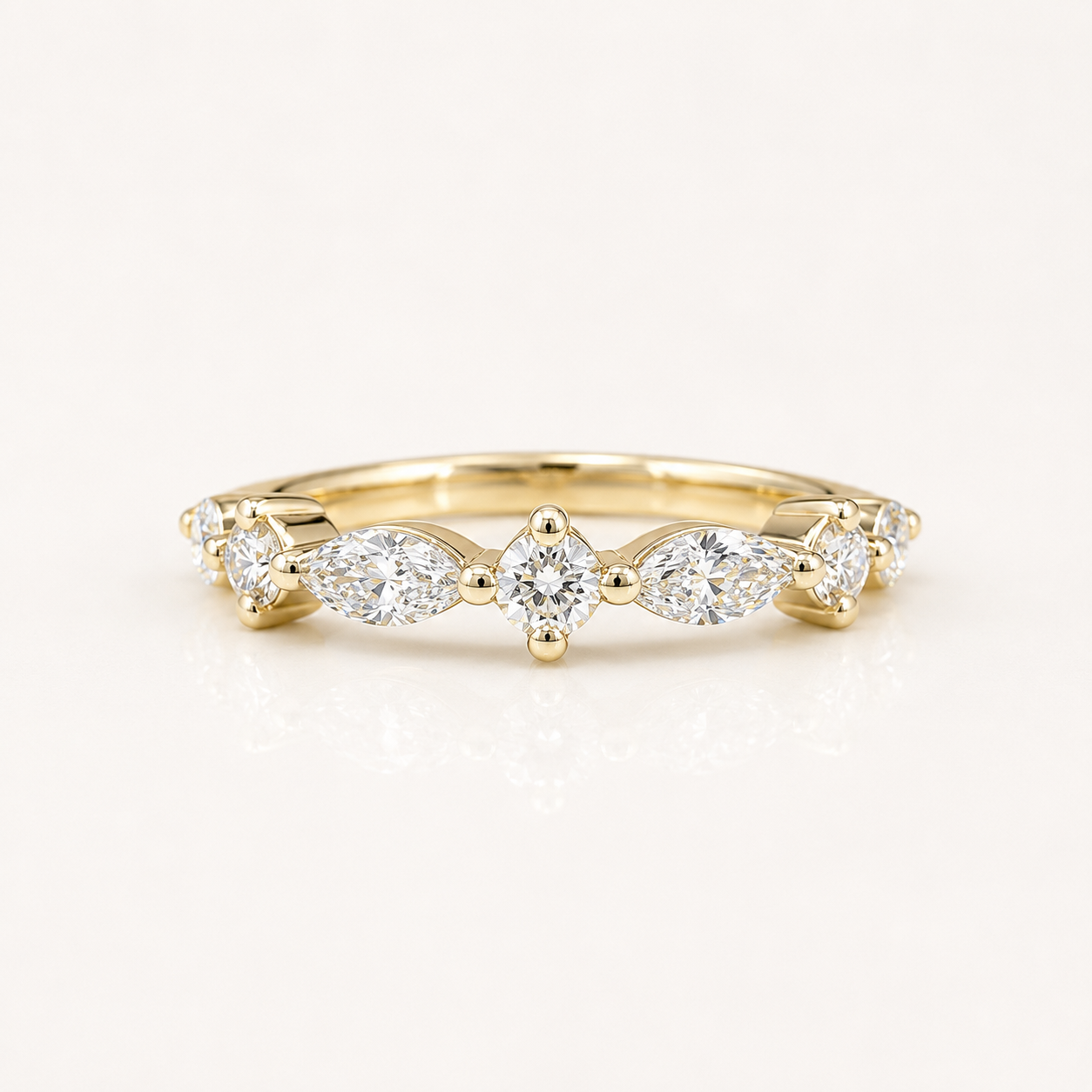 Lab Grown Diamond Stacking Band 14K Solid Gold , Unique Marquis Diamond and Round Diamond Dainty Wedding Band #8799