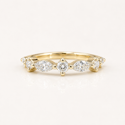 Lab Grown Diamond Stacking Band 14K Solid Gold , Unique Marquis Diamond and Round Diamond Dainty Wedding Band #8799