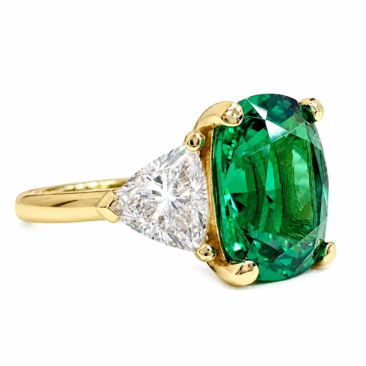 5ct cushion Cut Emerald Engagement Ring 14K Solid Gold With Trillon Accents , May Birthstone Ring , Gemstone Rings  #7345