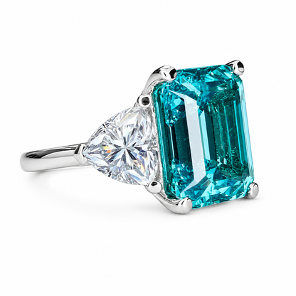 Paraiba Tourmaline Engagement Ring White Gold Emerald Cut Neon Blue Paraiba Tourmaline Ring For Women Unique Ring Moissanite Trillions #6824