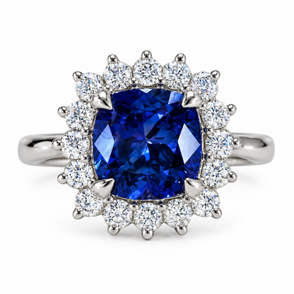 Blue Sapphire Cushion Cut And Diamond Halo Engagement Ring, 14k White Gold Blue Sapphire And Moissanite Halo Ladies Wedding Ring
