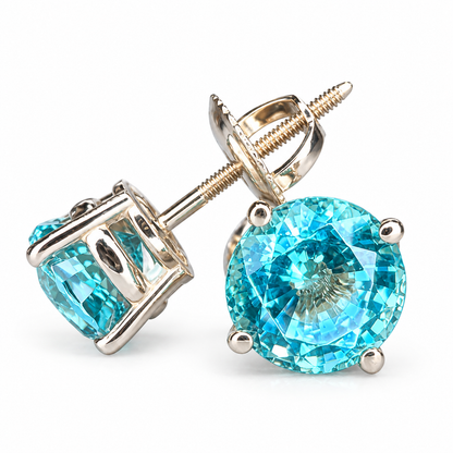Neon Blue Paraiba Earrings / Round Ladies Earring / Ladies Stud Earrings / Gift Ideas For Her / Anniversary Gift / 14k White Gold /  #6134