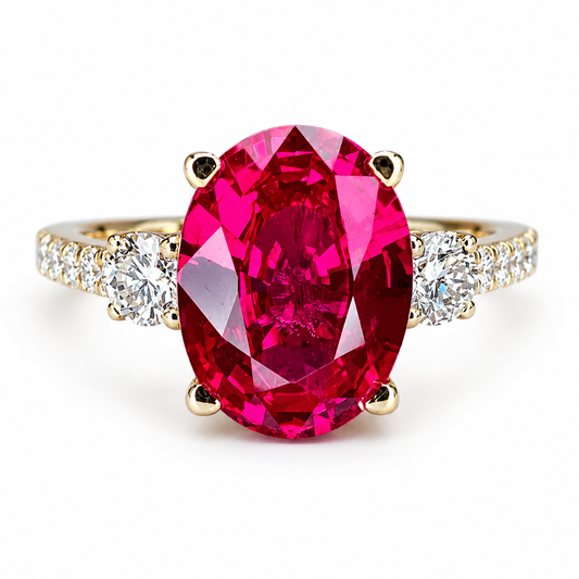 Oval Ruby With Moissanite Engagement Ring 14K Yellow Gold Vintage Three Stone Cushion Shaped Ruby Engagement Ring, July Birthstone Ring 7575