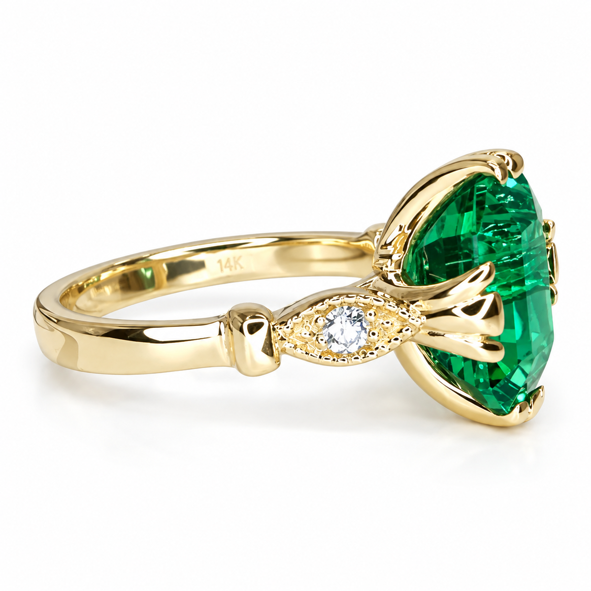Emerald cut emerald with natural diamonds vintage style engagement ring, 3.50ctw, 14k yellow gold #5995