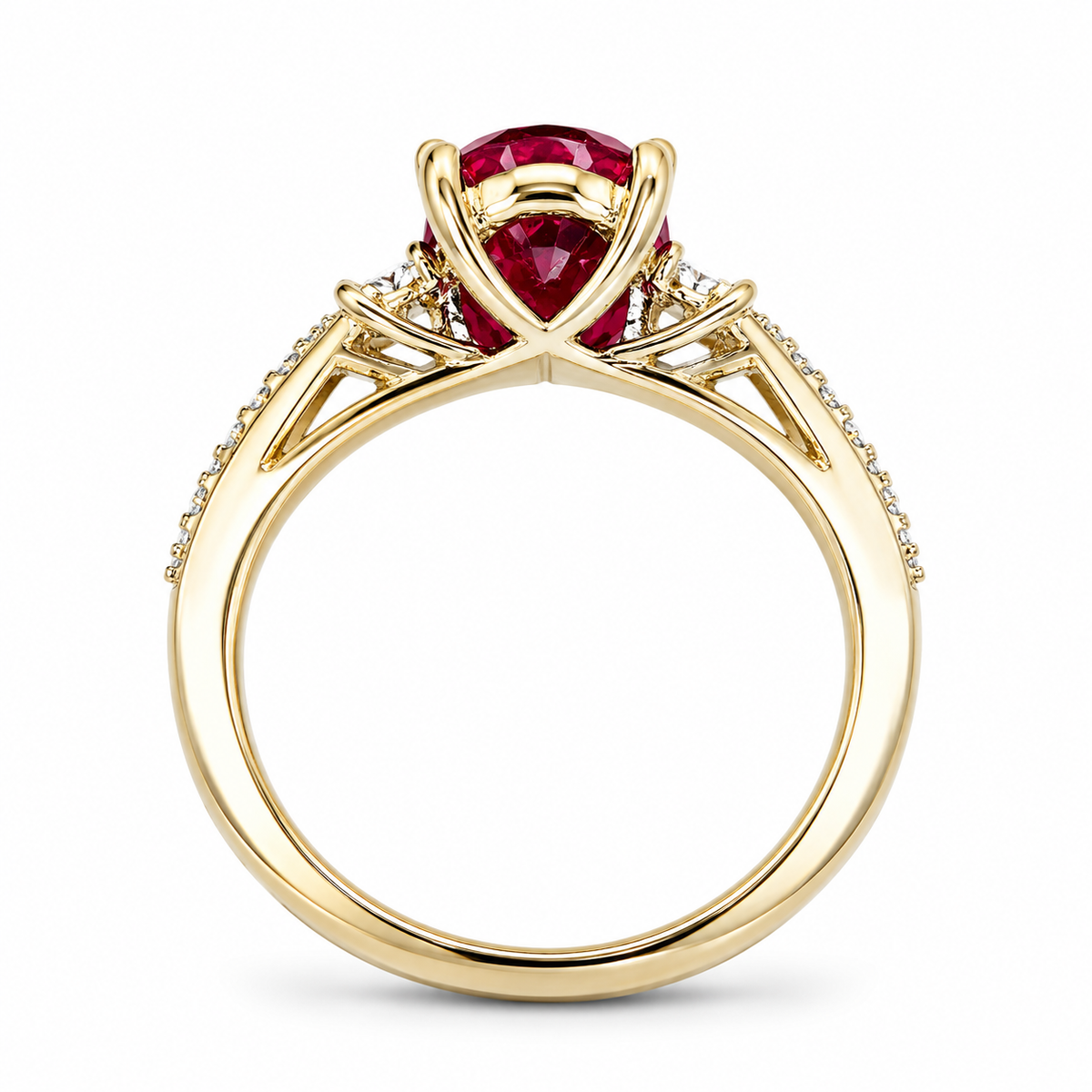 Oval Ruby With Moissanite Engagement Ring 14K Yellow Gold Vintage Three Stone Cushion Shaped Ruby Engagement Ring, July Birthstone Ring 7575