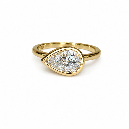1.00 CTW Bezel Set Pear Shape Lab Grown Diamond 14K Solid Gold, East West Lab Diamond Pear Solitaire, #8874