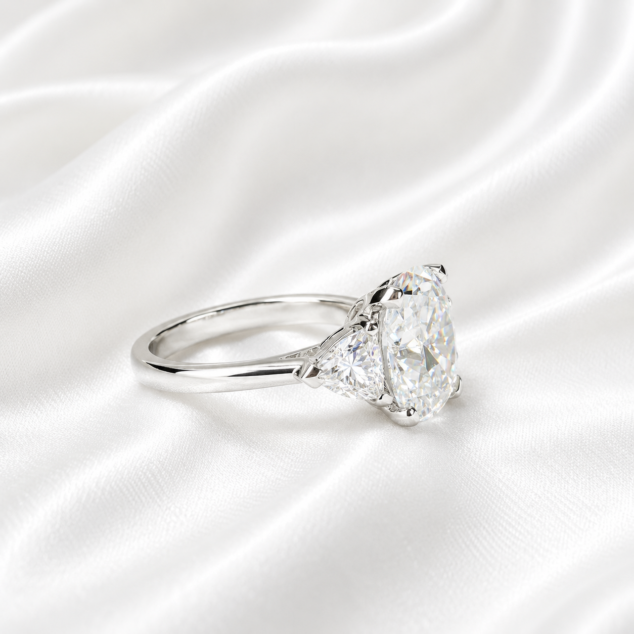 Moissanite Engagement Ring Cushion Cut, Elongated Cushion Shaped Three Stone Wedding Ring, 14k White Gold Trillion Moissanite Ring,  #5545