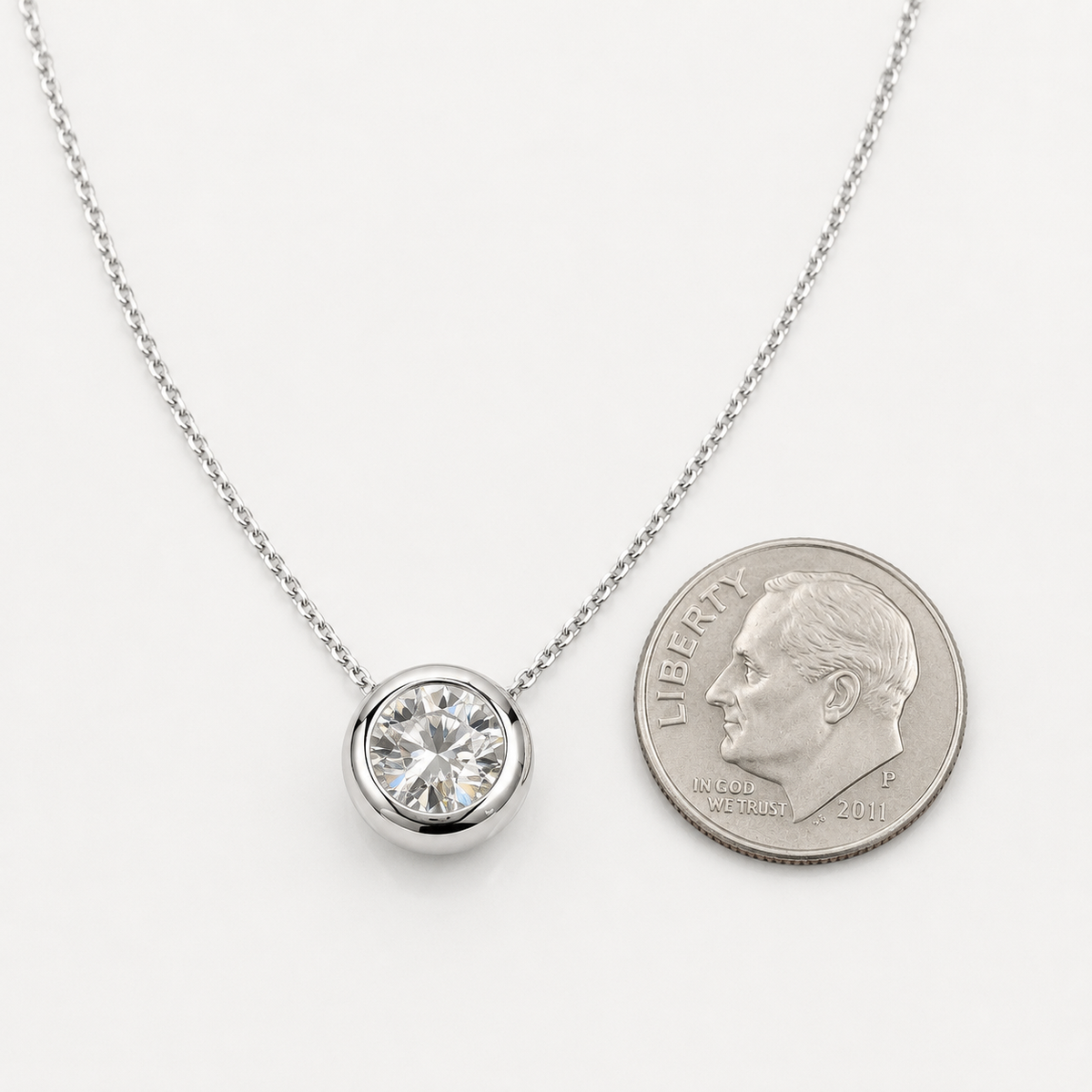 Moissanite Bezel Set Necklace, Moissanite Ladies Necklace,  Round Moissanite Pendant,  Round Bezel Pendant, 14K White Gold #6747 #6748