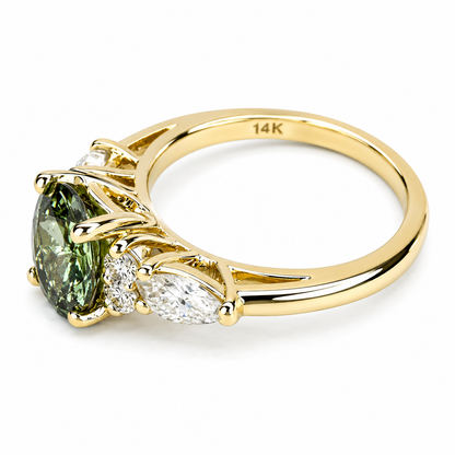 Oval Green Sapphire Engagement Ring 14K Solid Gold, Unique Vintage Oval Cluster Ring For Women, Olive Green Sapphire Engagement Rings #7207