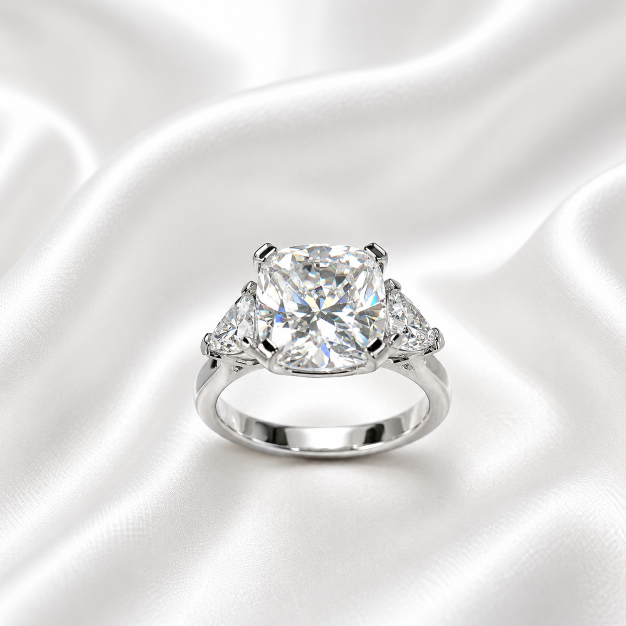 Moissanite Engagement Ring Cushion Cut, Elongated Cushion Shaped Three Stone Wedding Ring, 14k White Gold Trillion Moissanite Ring,  #5545