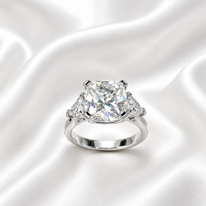 Moissanite Engagement Ring Cushion Cut, Elongated Cushion Shaped Three Stone Wedding Ring, 14k White Gold Trillion Moissanite Ring,  #5545