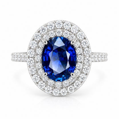 Oval blue sapphire ring white gold, double halo blue sapphire engagement ring, Unique Vintage fiancé ring, Wedding Anniversary ring, #7648