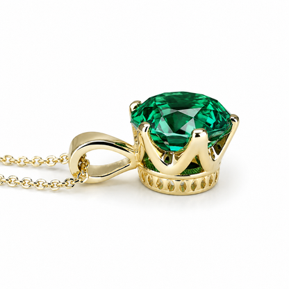 Round Emerald Solitaire Pendant, Crown Head Emerald Green Necklace For her , 14K Gold May Birthstone Pendant , Ladies Emerald Necklace #6065