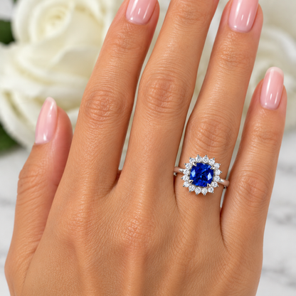 Blue Sapphire Cushion Cut And Diamond Halo Engagement Ring, 14k White Gold Blue Sapphire And Moissanite Halo Ladies Wedding Ring