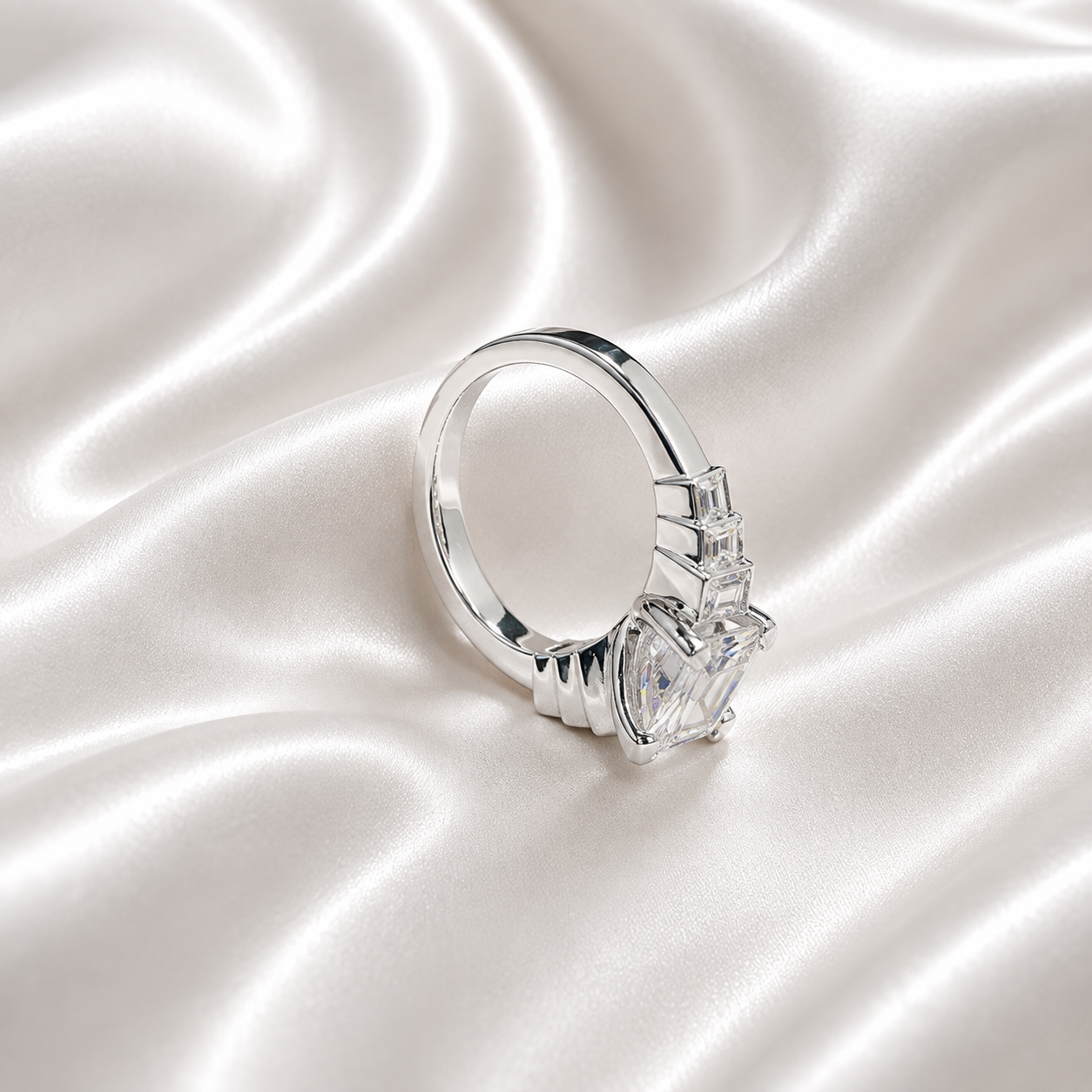 3.30 CTW 7 Stone Lab Diamond Emerald Cut Engagement Ring , Emerald Cut & Graduated Baguette Diamond Ring #8812