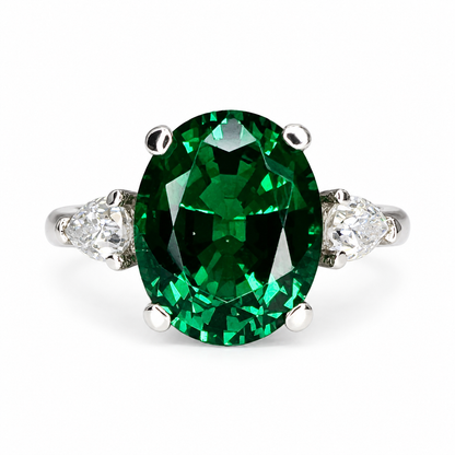 Three stone emerald ring set in 14K solid white or yellow gold, May birthstone ring, Vintage emerald promise anniversary birthday ring #7936