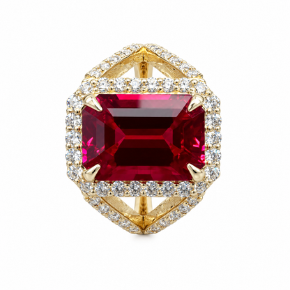 Emerald Cut Ruby and Moissanite Engagement Ring 14K Yellow Gold Unique Vintage Style Emerald Cut Halo Engagement Rings Heavy Gold Ring #7481