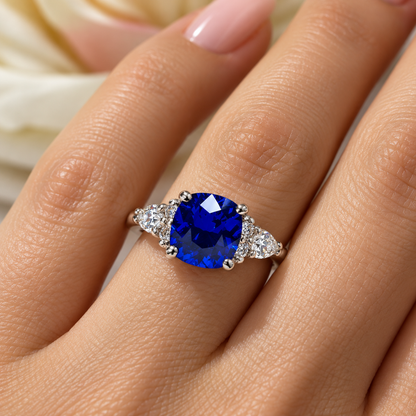 Cushion Cut Blue Sapphire Engagement Ring 14K White Gold, Blue Sapphire Ring For Women Solid White Gold, Sapphire and Moissanite Ring, #7157