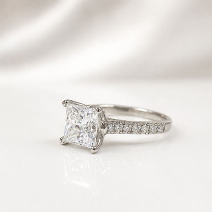 Moissanite Engagement Ring Princess Cut 14K Solid White Gold, Simple Moissanite Engagement Ring For Ladies Solitaire Princess Cut Ring, 7135