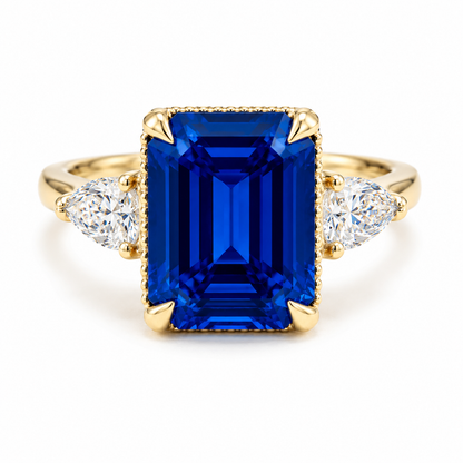 Emerald Cut Blue Sapphire Engagement Ring, Pear Lab Grown Diamonds, 14K Gold #8857