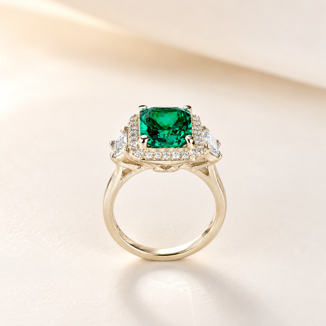 Emerald Engagement Ring, Radiant Cut Wedding Ring, Moissanite Halo Engagement Ring, Mother Ring, May Birth Stone Ring, 14k Gold, #7059