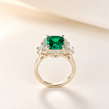 Emerald Engagement Ring, Radiant Cut Wedding Ring, Moissanite Halo Engagement Ring, Mother Ring, May Birth Stone Ring, 14k Gold, #7059