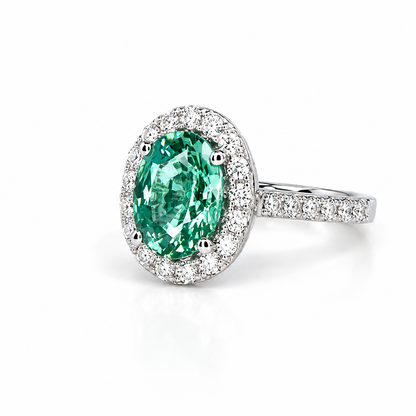 Oval green paraiba tourmaline engagement ring 14k gold, Moissanite oval halo engagement ring, Unique wedding anniversary promise ring, #8021