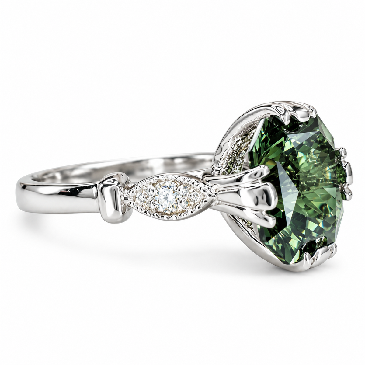 Radiant Cut Olive Green Sapphire 14k Solid White Gold Unique Olive Green Sapphire Promise Wedding Bridal Engagement Ring Gift For Her #7374