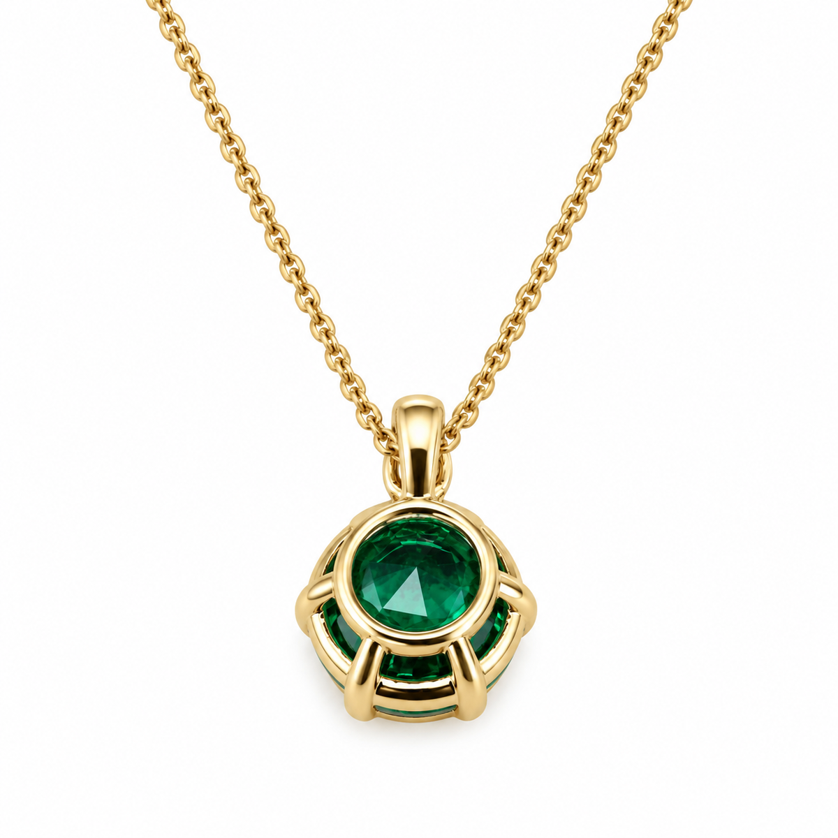 Round Emerald and Diamond Pendant Necklace 14k Solid Gold, Dainty Layering Minimalist Emerald Green Stacking Pendant Necklace May Birthstone