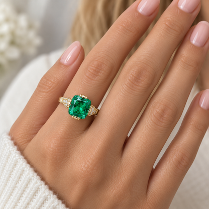 Cushion Cut Emerald And Diamond Engagement Ring, 14k Yellow Gold Cushion Cut Emerald Wedding Ring, Ladies Emerald And Diamond Ring     #5975