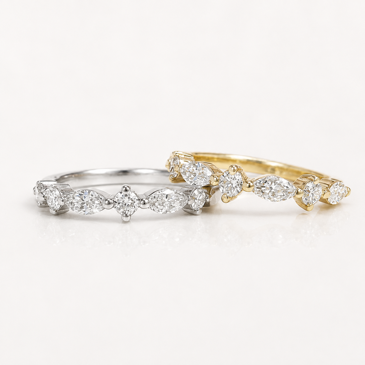 Lab Grown Diamond Stacking Band 14K Solid Gold , Unique Marquis Diamond and Round Diamond Dainty Wedding Band #8799