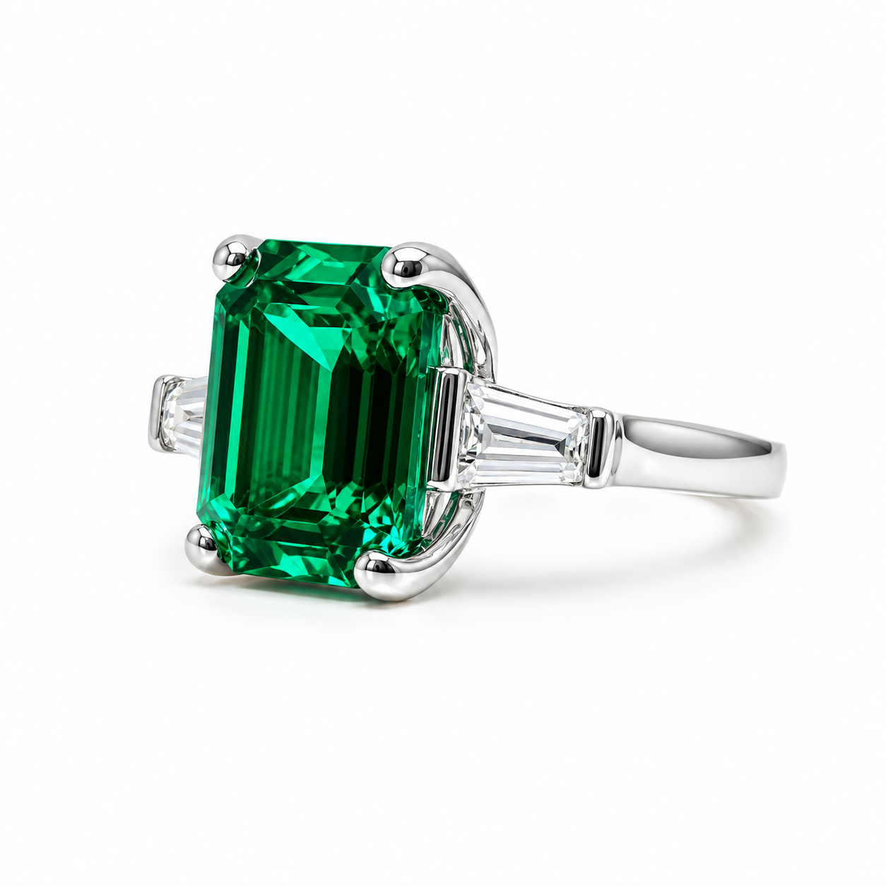 Emerald Cut Emerald Engagement Ring Moissanite Baguettes 14K White Gold  Emerald Green Emerald Cut Engagement Rings Unique Wedding Ring 7363