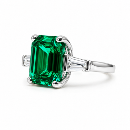 Emerald Cut Emerald Engagement Ring Moissanite Baguettes 14K White Gold  Emerald Green Emerald Cut Engagement Rings Unique Wedding Ring 7363
