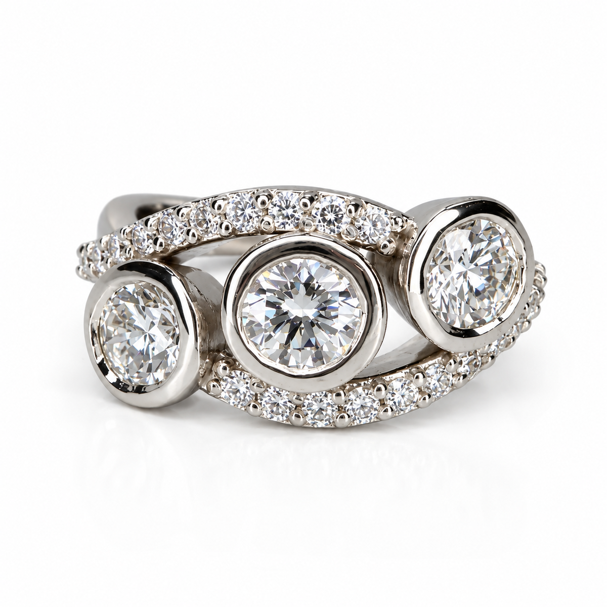 Three Stone Diamond Ring, Bezel Set Lab Grown Diamond Ring,  Modern Diamond Band #8924