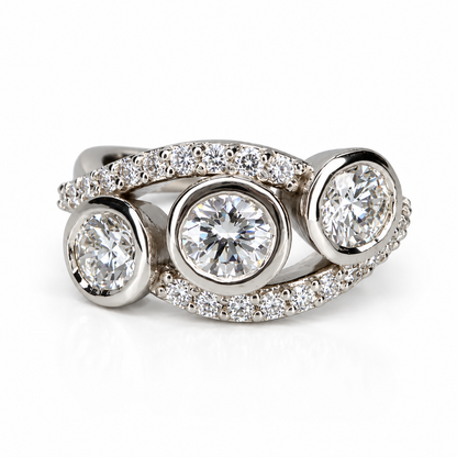 Three Stone Diamond Ring, Bezel Set Lab Grown Diamond Ring,  Modern Diamond Band #8924