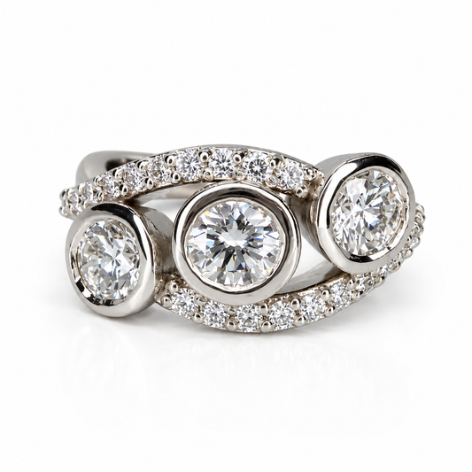 Three Stone Diamond Ring, Bezel Set Lab Grown Diamond Ring,  Modern Diamond Band #8924