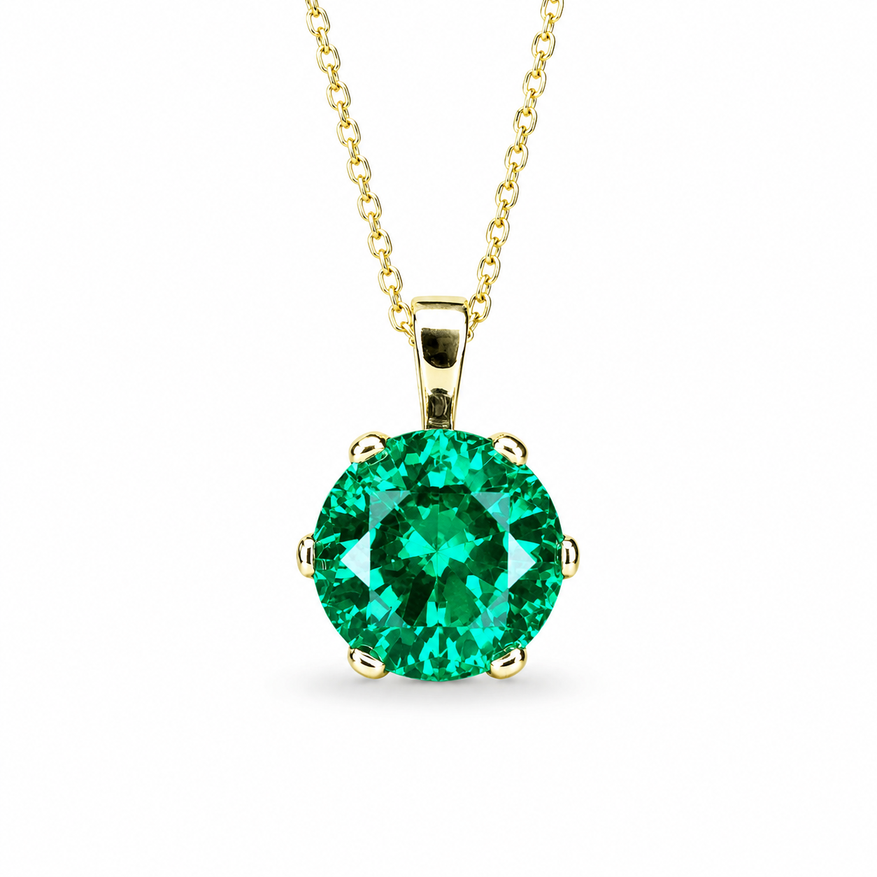 Round Emerald Solitaire Pendant, Crown Head Emerald Green Necklace For her , 14K Gold May Birthstone Pendant , Ladies Emerald Necklace #6065