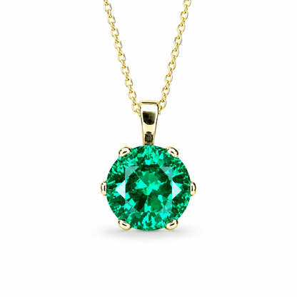 Round Emerald Solitaire Pendant, Crown Head Emerald Green Necklace For her , 14K Gold May Birthstone Pendant , Ladies Emerald Necklace #6065