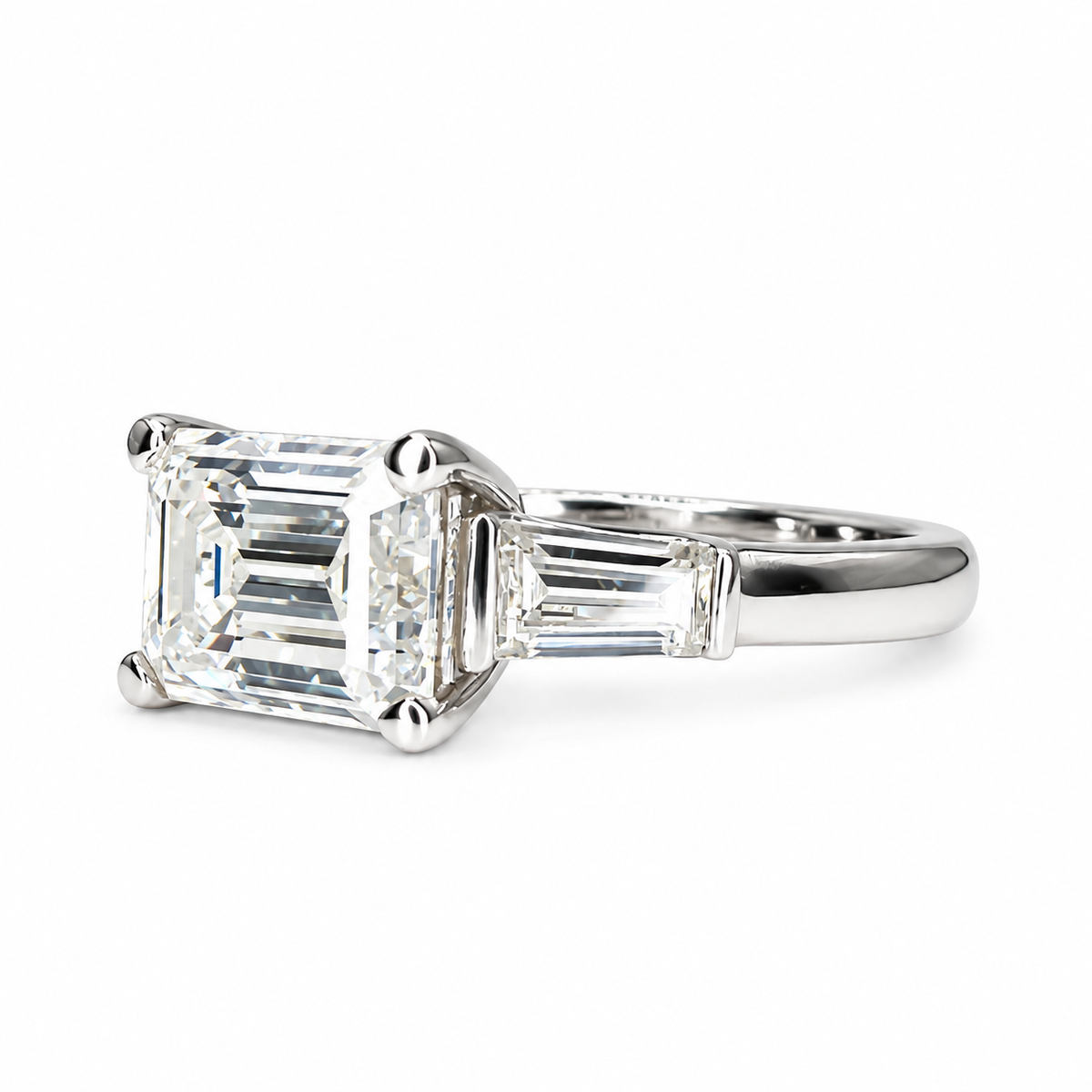 East to West Emerald Cut Moissanite Engagement Ring With Tapered Baguette Diamond Side Stones in 14K Solid White Gold, or Yellow Gold #8114
