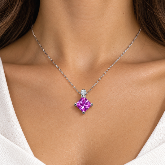 Pink Sapphire and Diamond Pendant Necklace 14K Yellow Gold, Radiant Cut Pink Sapphire Necklace, Dainty Necklace, October Birthstone,  #6476