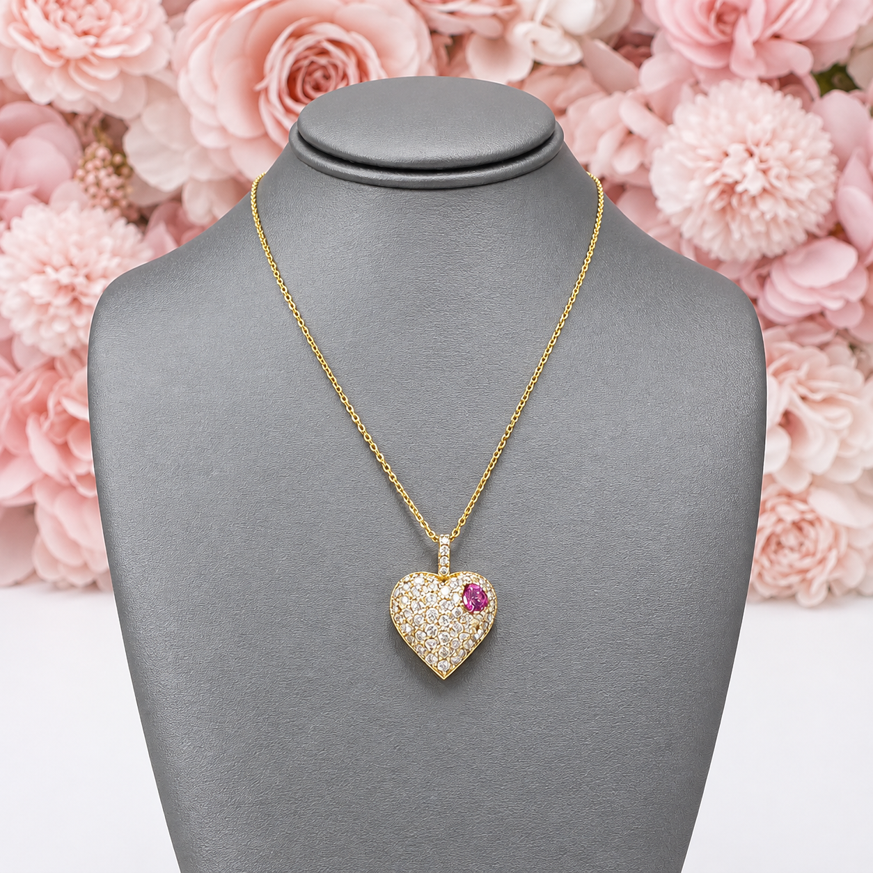 Lab Grown Diamond Heart Pendant With Ruby or Pink Sapphire 14K Solid Gold , Birthstone Heart Pendant , Puffy Heart Necklace #8861