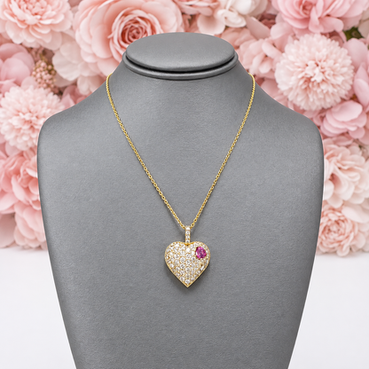 Lab Grown Diamond Heart Pendant With Ruby or Pink Sapphire 14K Solid Gold , Birthstone Heart Pendant , Puffy Heart Necklace #8861