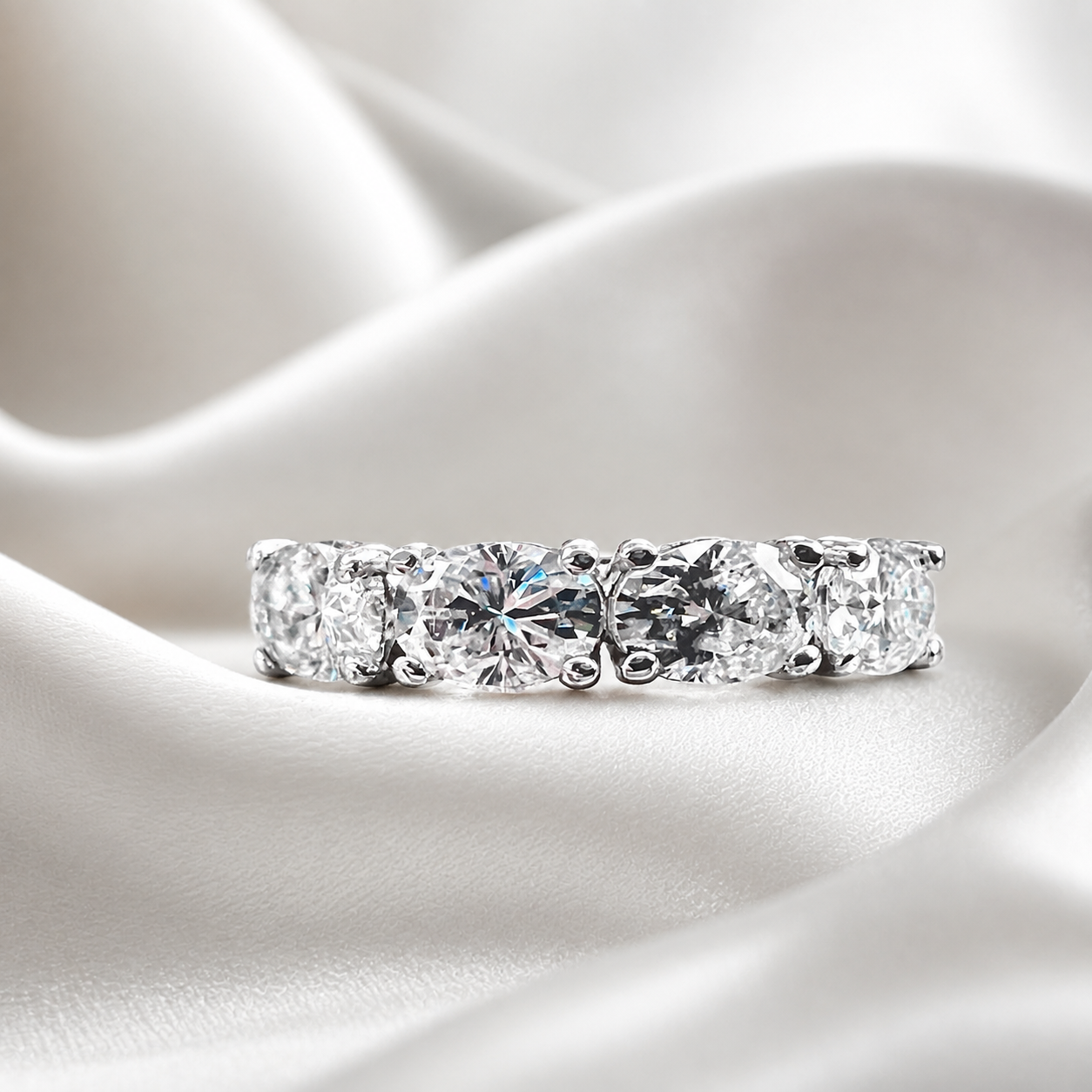 Lab grown diamond wedding band, Lab created diamond half eternity band 14k solid gold, 4 stone oval cut diamond ring, cvd diamond ring