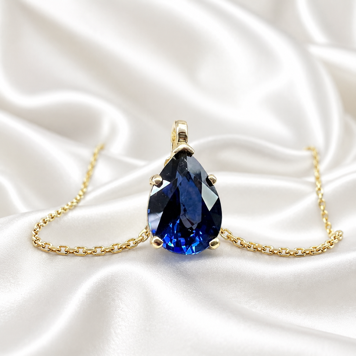 Blue Sapphire Necklace 10K White Gold, Pear Shape Blue Sapphire Pendant Necklace For Ladies, Layering September Birthstone Jewelry, #8847