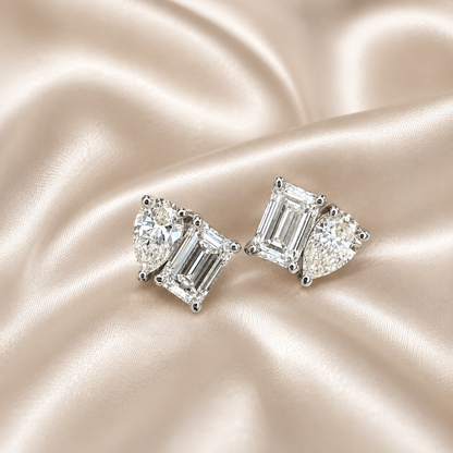 14k Gold Diamond Earrings – Toi Et Moi Pear & Emerald Shape Studs 2 CTW